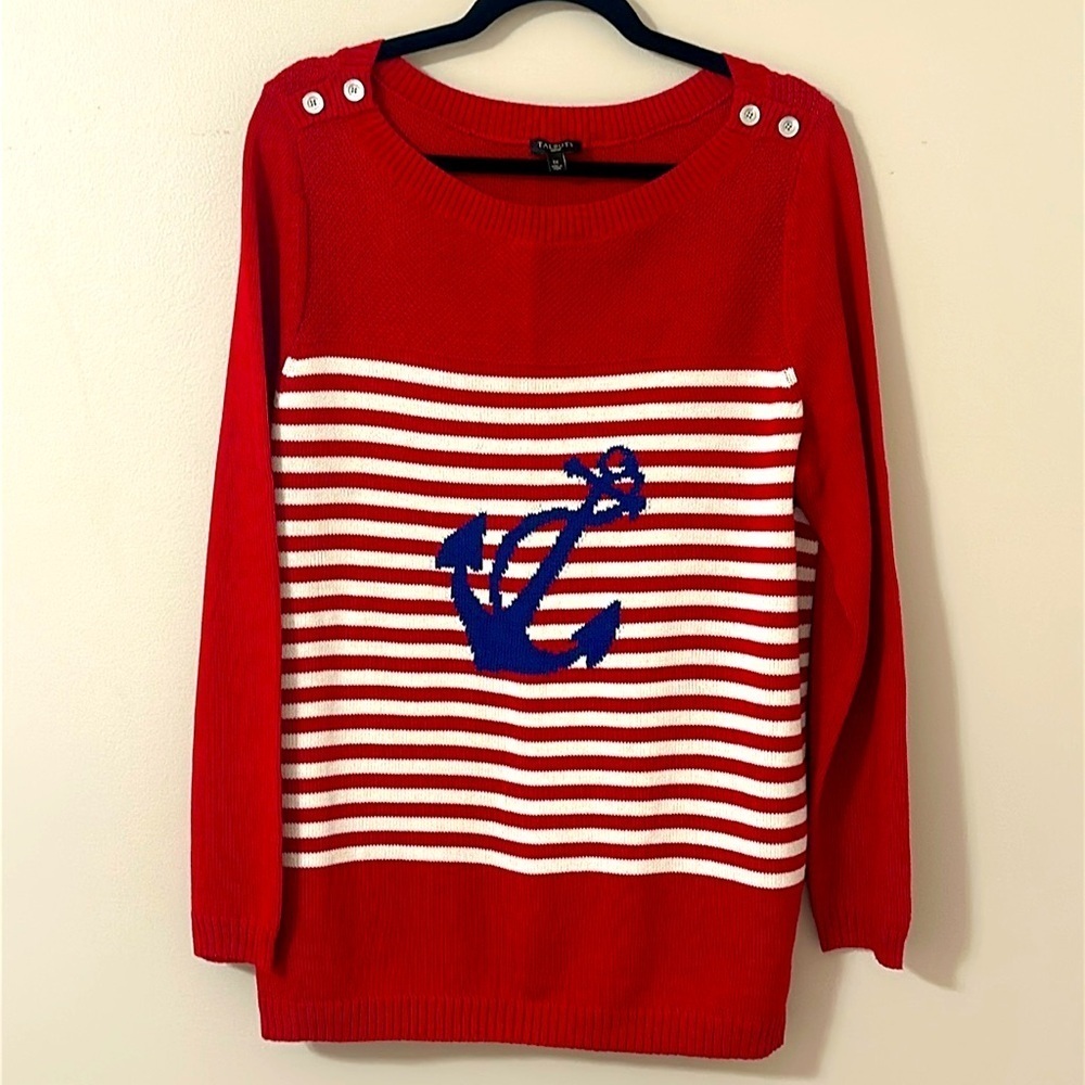 Talbots NEW Womens Nautical Red White Stripe Sweater Size 1X Preppy Coastal - Picture 2 of 9
